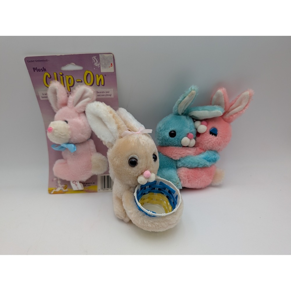 Easter Unlimited Plush Clip On Bunny Lot Pink Blue Tan Hugging Pair Basket